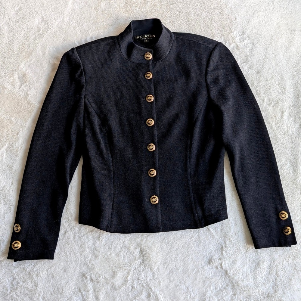 St. John Basics Black Santana Knit Mock Neck Jacket Gold Crest Buttons Size 10